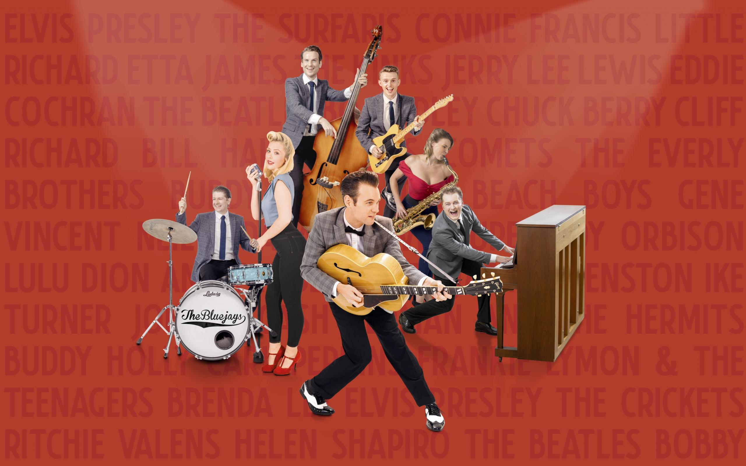 Rave On Rave On poster, The Bluejays together, all with different instruments and 1950s clothing