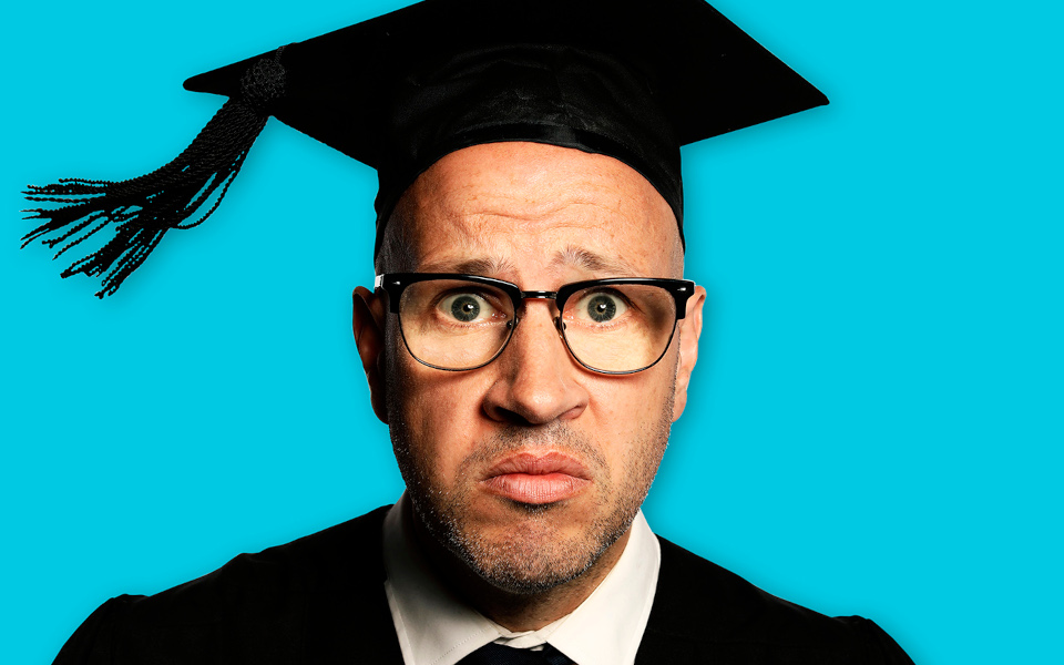 Sam Avery Comedian Sam Avery wearing a mortarboard hat with a comical facial expression