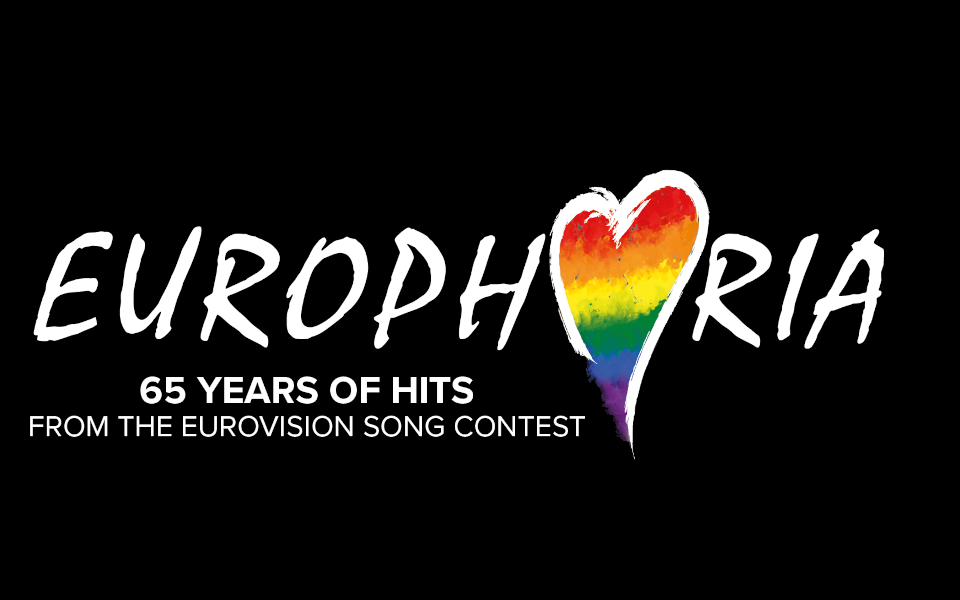 Europhoria Title treatment for Europhoria, in the style of Eurovision with a rainbow heart 'o'