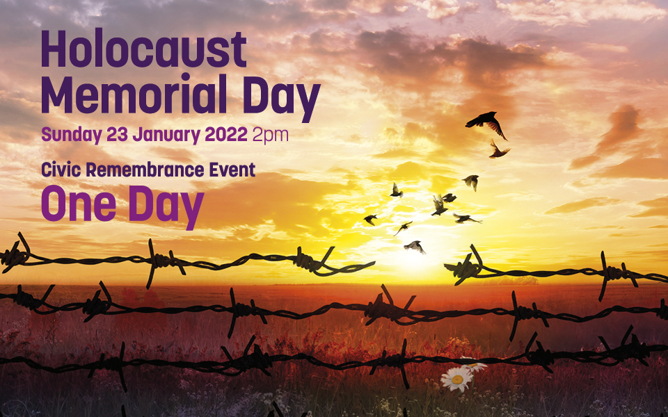Holocaust Memorial Day Holocaust Memorial Day Poster - with a sunset and birds flying free over broken barbed wire