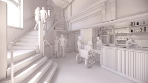 An all-white rendering of the new foyer at Hyde Park Picture House