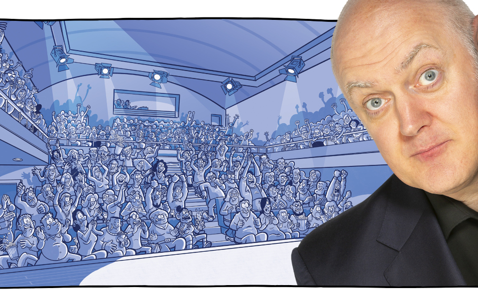 Dara O Briain Dara O Briain wearing a black suit and leaning in front of a cartoon crowd cheering