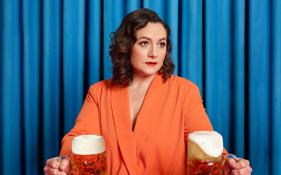 Jessica Fostekew Jessica Fostekew with two big pints of beer