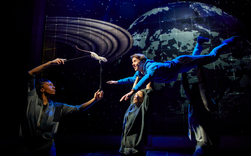 David Breeds in The Curious Incident of the Dog in the Night-Time David Breeds supported by cast members 'flies' above their heads with a puppet rat