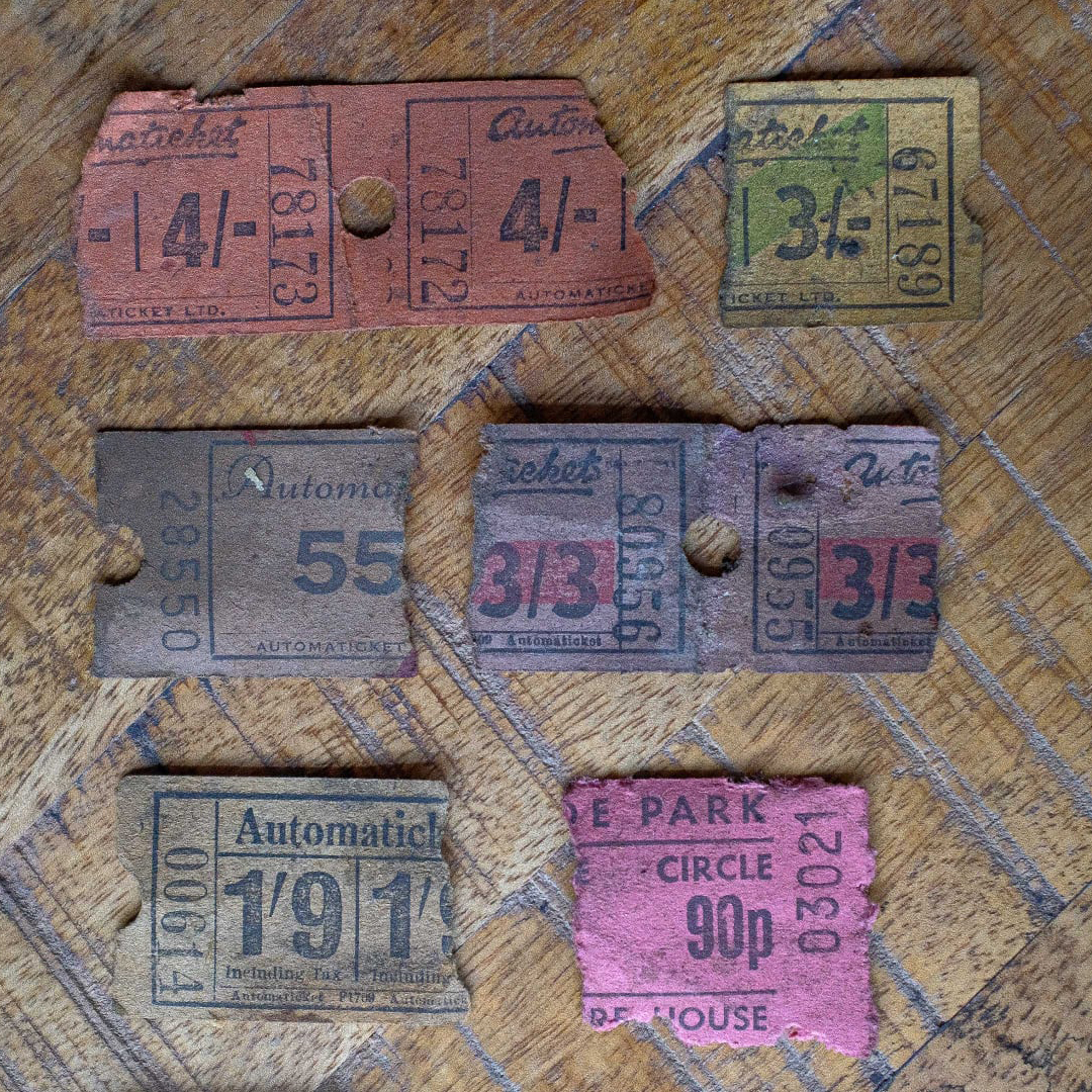 Ticket stubs A collection of six old ticket stubs in different colours