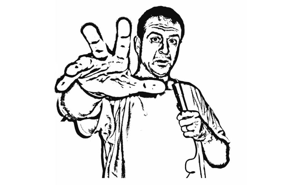 Mark Thomas Mark Thomas holding a mic and raising his hand to the camera, a black and white screen printed image