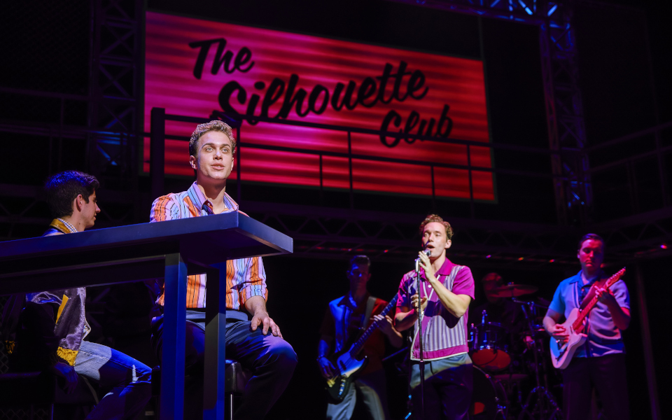 Jersey Boys Production Photo The Silhouette Club with the band singing beneath